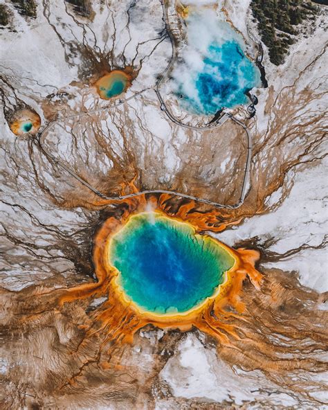 Aerial image of the Grand Prismatic Spring in Yellowstone National Park. Shot from a small plane ...