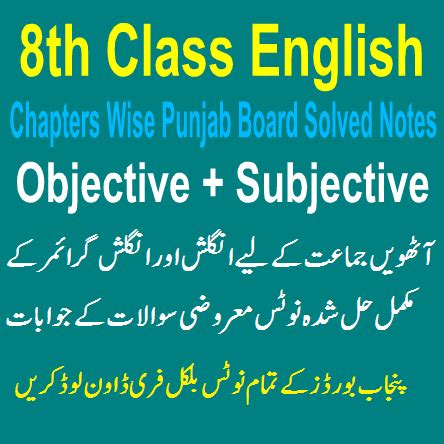 8th Class English Notes Punjab Boards - EASY MCQS QUIZ TEST