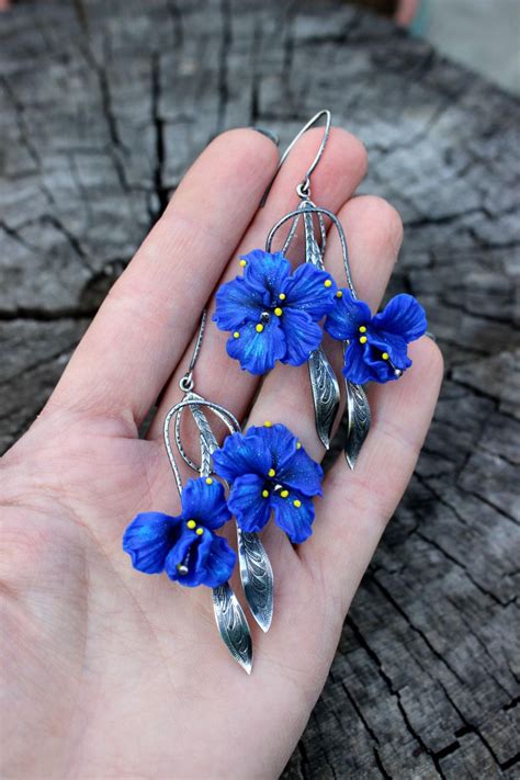 Floral jewelry from polymer clay and 925 silver metal - Polymer clay Blue flowers earrings ...
