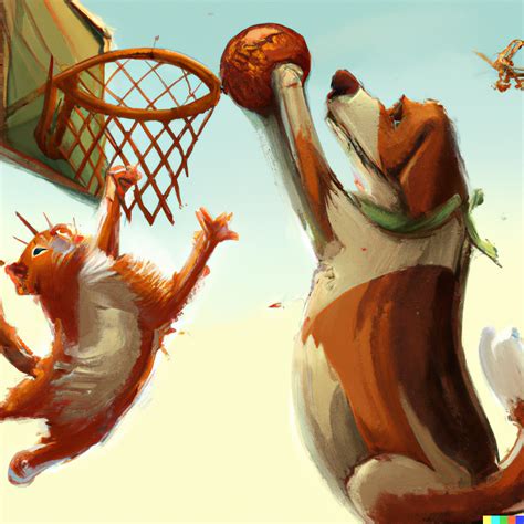 A dog dunking a basketball into the net while a cat tries and fails to ...