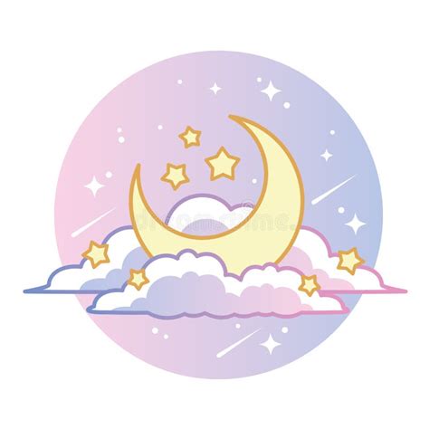 Vector Illustration of Cute Moon with Stars in the Sky, Doodle, Kawaii Illustration, Moon, Stars ...