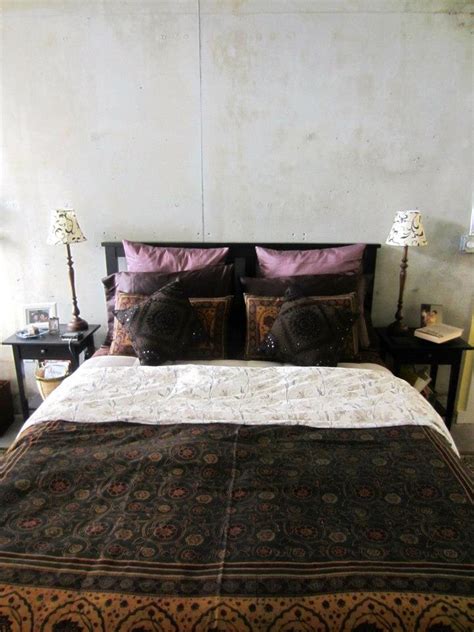 Batik bedcover and pillow: Good Earth, Chennai, India/ Table lamps: Target/ Bedside tables and ...