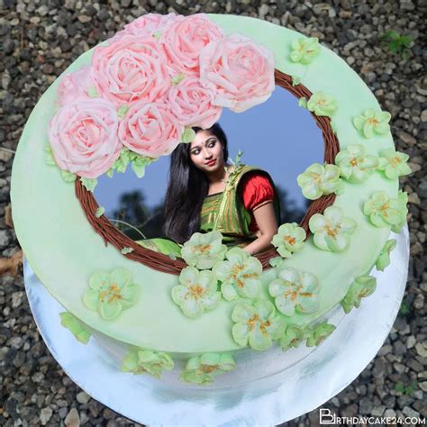 Flower Decorated Round Shape Birthday Cake With Photo