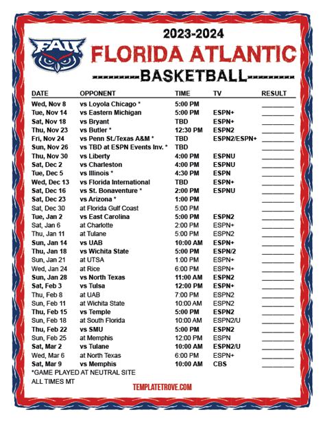 Printable 2023-2024 Florida Atlantic Owls Basketball Schedule