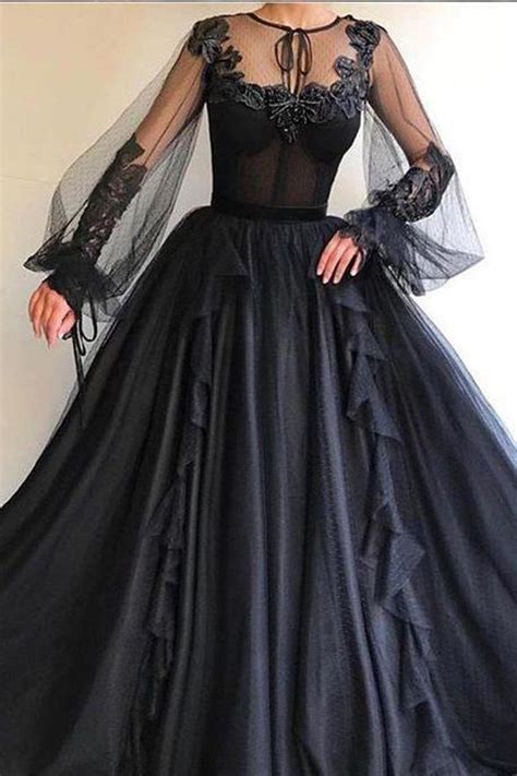 Long Sleeves Appliques Black Ball Gown Formal Prom Dresses Evening Grad ...