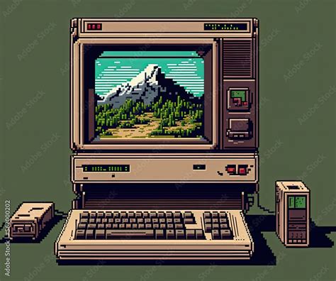 Pixel art old computer with landscape wallpaper, background in retro ...