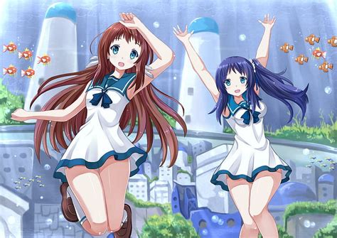 HD wallpaper: Nagi no Asukara, two girls in white-and-blue sailor uniforms anime characters ...