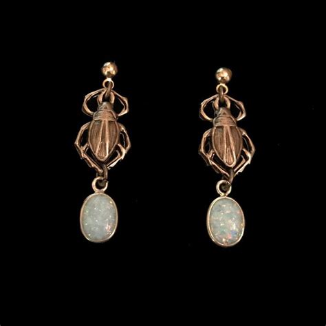 Beetle & opal drop earrings // antiqued brass // 12K gold earring posts // 1.5 inches // scarab ...