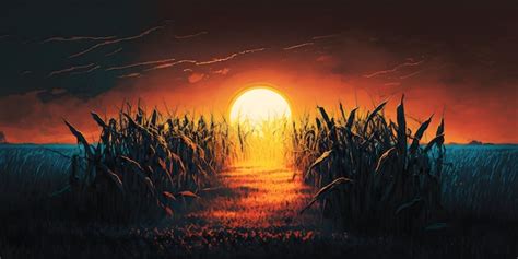 Premium AI Image | A sunset over a corn field with a sunset in the background.