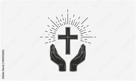 Vintage Christian logo. Hands with catholic cross and sunburst. Vector ...