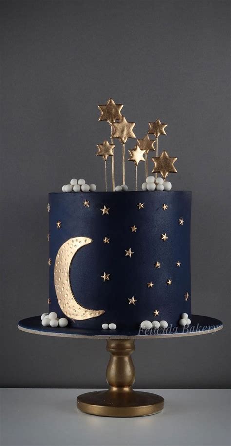 38+ Beautiful Cake Designs To Swoon : Navy Blue Cake with Gold Moon & Stars