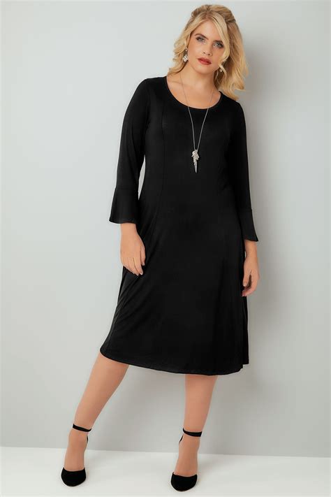 Black Fit & Flare Jersey Dress With Flute Sleeves plus size 16 to 36