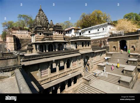 Maheshwars temple built by rani Ahilyabai Holkar at bank of river Narmada ; Maheshwar state ...