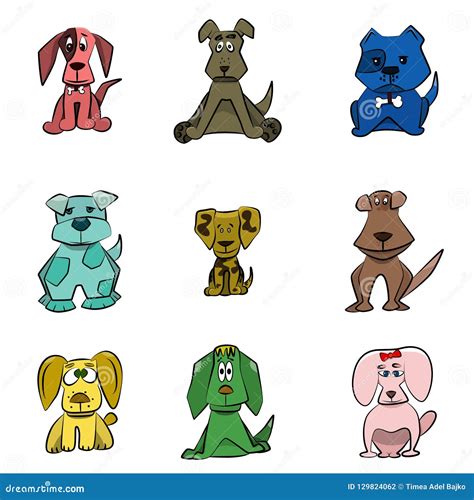 Vector Illustrated Dogs. Cartoon Collection of Nine Different Puppy ...