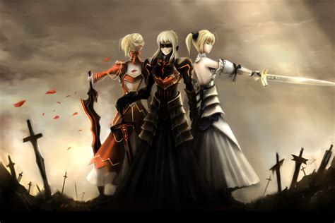 1440x900 resolution | three female anime characters holding swords illustration, anime, anime ...