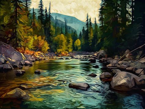 Premium AI Image | A painting of a river with rocks and trees in the ...