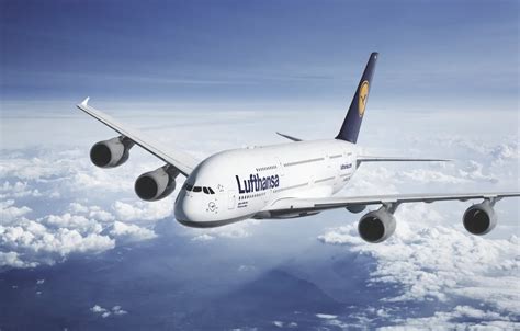 Wallpaper The sky, Clouds, The plane, Liner, Height, A380, Lufthansa ...