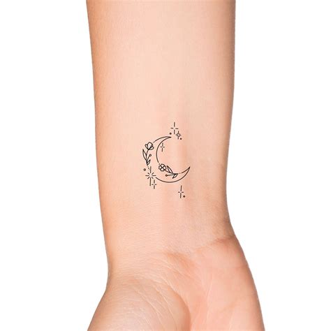 Dainty Floral Crescent Moon Outline Feminine Temporary Tattoo - Etsy