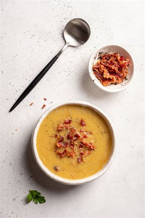 Lentil Pea Soup Garnish with Bacon, Onion and Croutons. Stock Photo ...