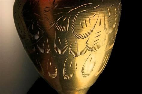 Brass Pedestal Vase, India, Etched Floral Design, Fluted Top
