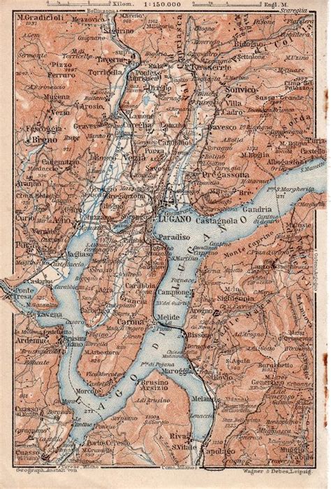 1928 Lugano Map, Switzerland, Italy Antique Map, Lago di Lugano, Ticino ...