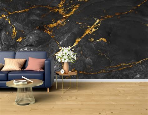 Black Marble Wallpaper, Gold Veins Marble Peel and Stick Wall Mural, Self Adhesive Removable ...