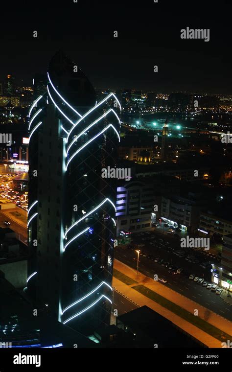 Night view of a skyscraper in Dubai Stock Photo - Alamy