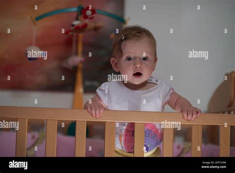 cute little one year old baby and making first steps in bed Stock Photo ...