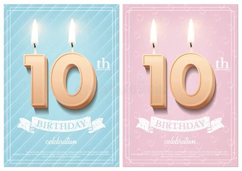 Burning Number 10 Birthday Candles with Vintage Ribbon and Birthday Celebration Text on Textured ...