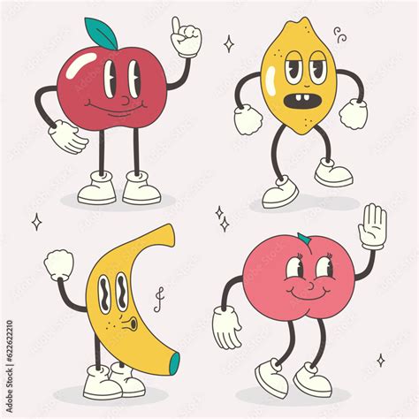 A collection of four fruit characters in a groovy style. Vector set ...