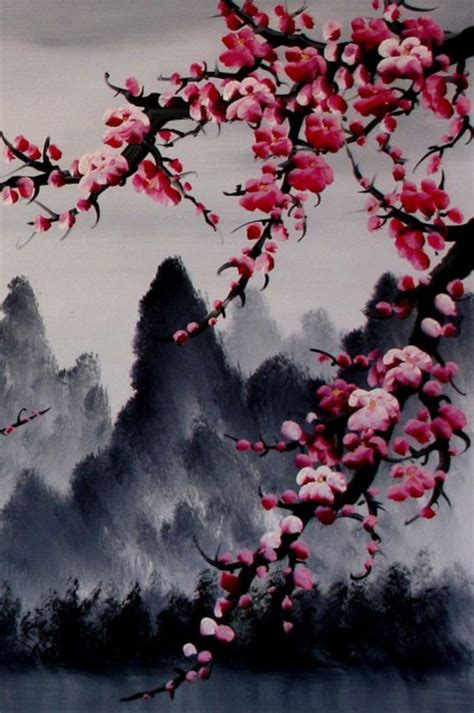 Blossoms, black, black and red, cherry blossoms, flowers, painting, red ...