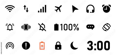 Smartphone status bar icon set. Set of all essential notification bar icons- wi-fi, internet ...