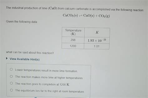 Solved The industrial production of lime (CaO) from calcium | Chegg.com