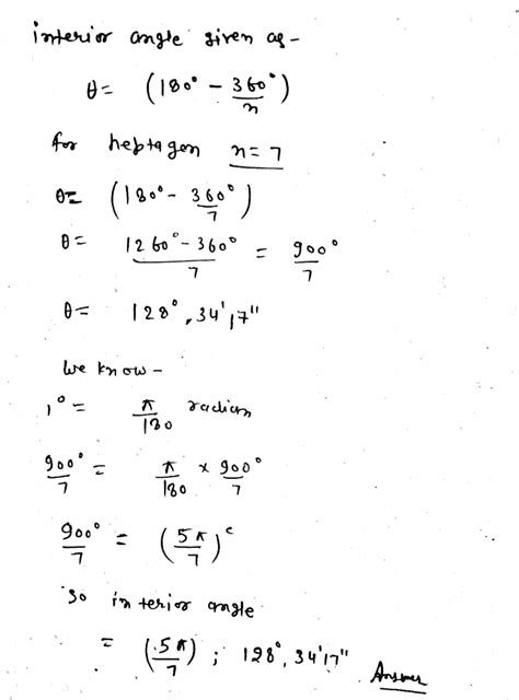 Find the magnitude, in radians and degrees, of the interior angle of a ...