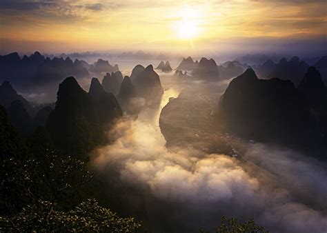 nature, Landscape, Sunrise, Mist, Mountains, River, Shrubs, Sky, Town, Road, Guilin, China ...