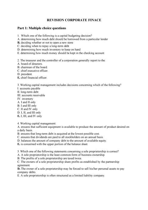 Revision Corporate Finance answer - REVISION CORPORATE FINACE Part 1 ...