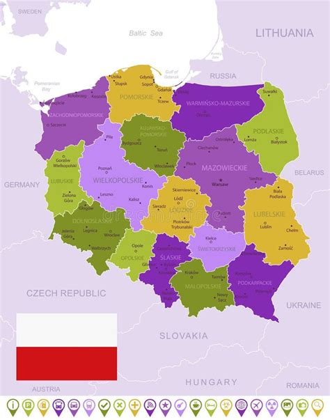 Detailed Map of Poland with Flag, Border of Regions and Country. Purple ...