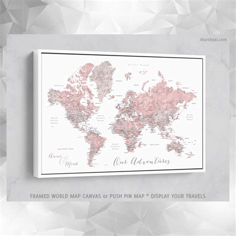 Custom world map with cities, canvas print or push pin map in dusty ...