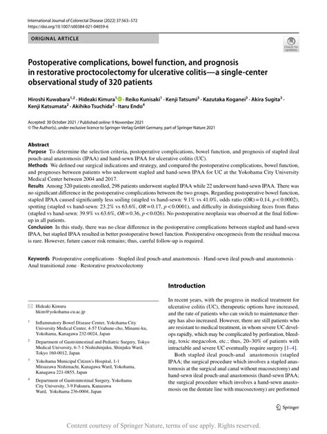 Postoperative complications, bowel function, and prognosis in restorative proctocolectomy for ...