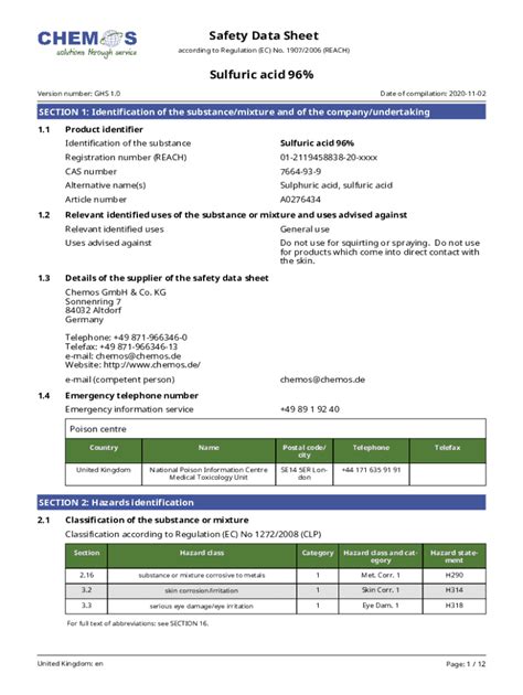 Fillable Online Safety Data Sheet: Sulfuric acid 96% Fax Email Print ...