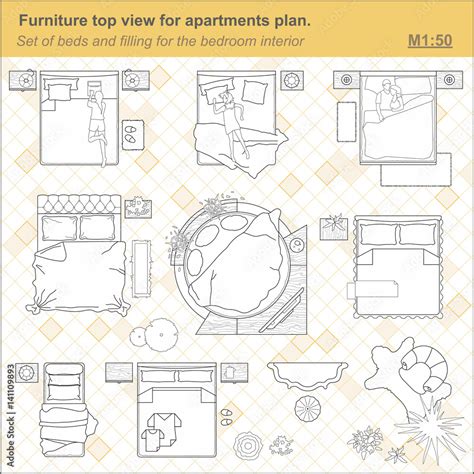 A set of furniture for the bedroom, top view. The layout of the ...