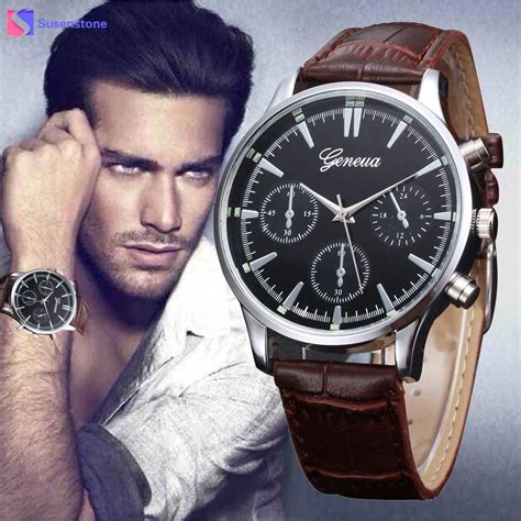 Mens Classical Design Watches PU Leather Band Analog Quartz Wrist Watch ...