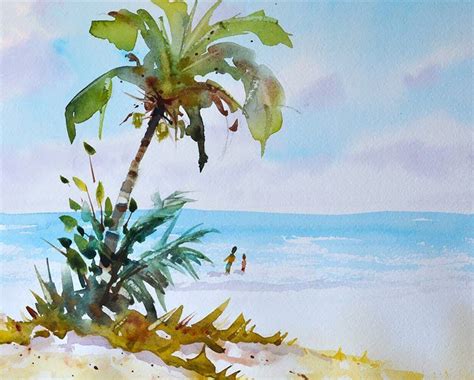 Watercolor Lesson Beach Scene and Palm Tree - P.J. Cook Artist Studio | Beach watercolor, Tree ...