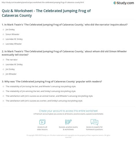 Quiz & Worksheet - The Celebrated Jumping Frog of Calaveras County ...