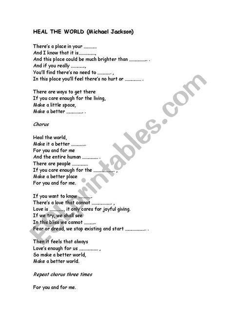 Heal the world by Michael Jackson - ESL worksheet by mmelich2