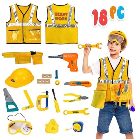 Kids Engineer Construction Worker Costume Safety Vest Boys Role Play Toy Set 18pcs Cosplay ...