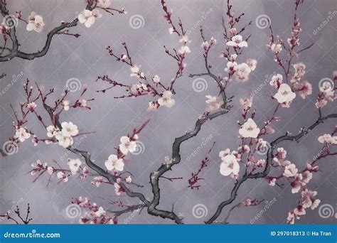 Watercolor Painting of Cherry Blossom Branch on Gray Background ...