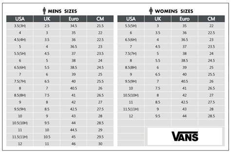 Vans Shoe Size Chart Women