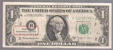 Series 1963 - B One Dollar Federal Reserve Note Serial B 51279188 Star (barr Note)