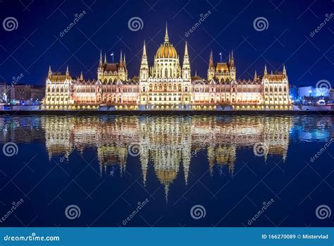 Hungarian Parliament at Night with Reflection in Danube River, Budapest ...